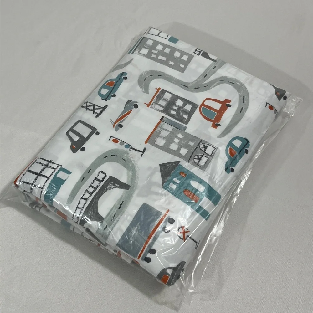 PB Kids Organic City Twin Flat Sheet - White, Gray, Orange, Blue